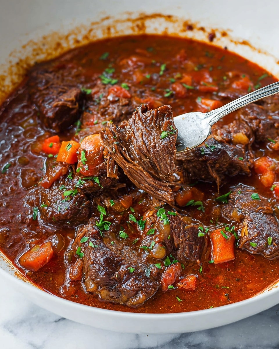 A white bowl filled with several large pieces of dark brown, tender beef covered in a rich, thick red-brown stew with visible chunks of orange carrots and small bits of onion. The stew has a glossy texture with a few green chopped herbs sprinkled on top. In the center, a silver fork is pulling apart a piece of shredded beef, showing its soft and juicy inside. The edges of the bowl have a bit of sauce splattered around. The background is a white marbled texture. photo taken with an iphone --ar 4:5 --v 7