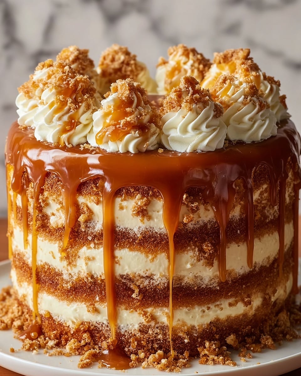 A close-up view of a multi-layered cake slice on a white plate, showing three thick golden brown crumbly cake layers with a coarse texture. Between the cake layers are three creamy off-white frosting layers with a smooth texture. The top is covered with a thick glossy caramel sauce that drips down the sides, and the entire cake is coated with crunchy chopped nuts that add a rough texture. The background is a white marbled surface. Photo taken with an iphone --ar 4:5 --v 7