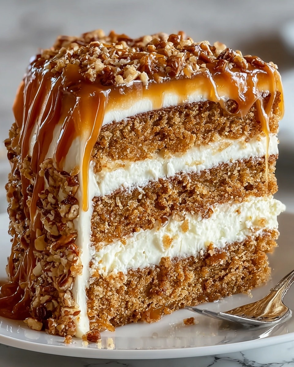 A close-up of a tall layered cake with three visible layers of moist light brown crumb surrounded and separated by creamy off-white frosting. A thick layer of glossy caramel sauce drips down the sides from the top. The top of the cake is decorated with evenly spaced swirls of white whipped cream, each drizzled with caramel and sprinkled with crunchy crumbs. The cake sits on a white plate, set against a white marbled texture background. Photo taken with an iphone --ar 4:5 --v 7