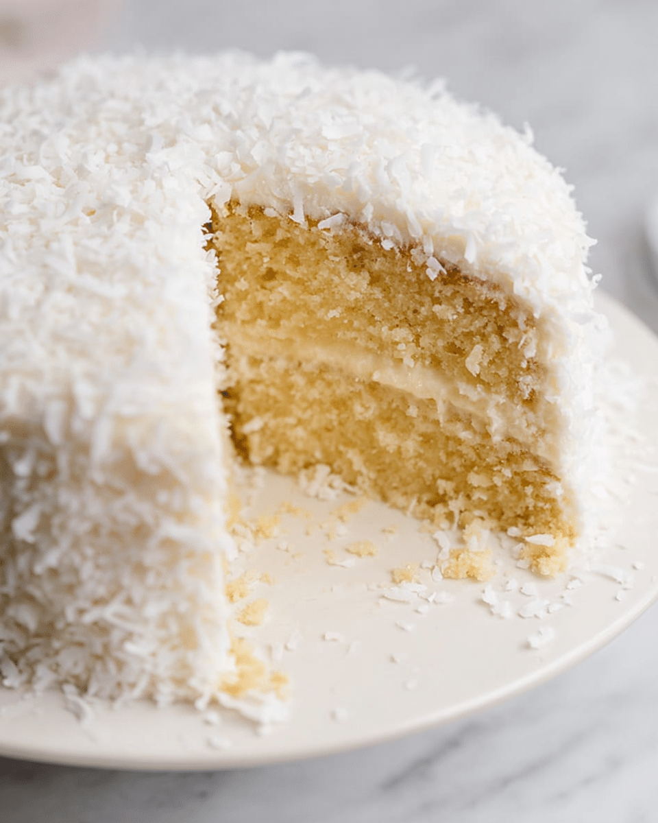 A two-layer round yellow cake with a soft crumb texture is topped and covered with a thick white frosting that has shredded coconut sprinkled all over it, creating a rough, textured surface. The layers are evenly stacked with a thin layer of white frosting between them. The cake is placed on a white plate set on a white marbled surface, with some crumbs scattered near the cake base. photo taken with an iphone --ar 4:5 --v 7