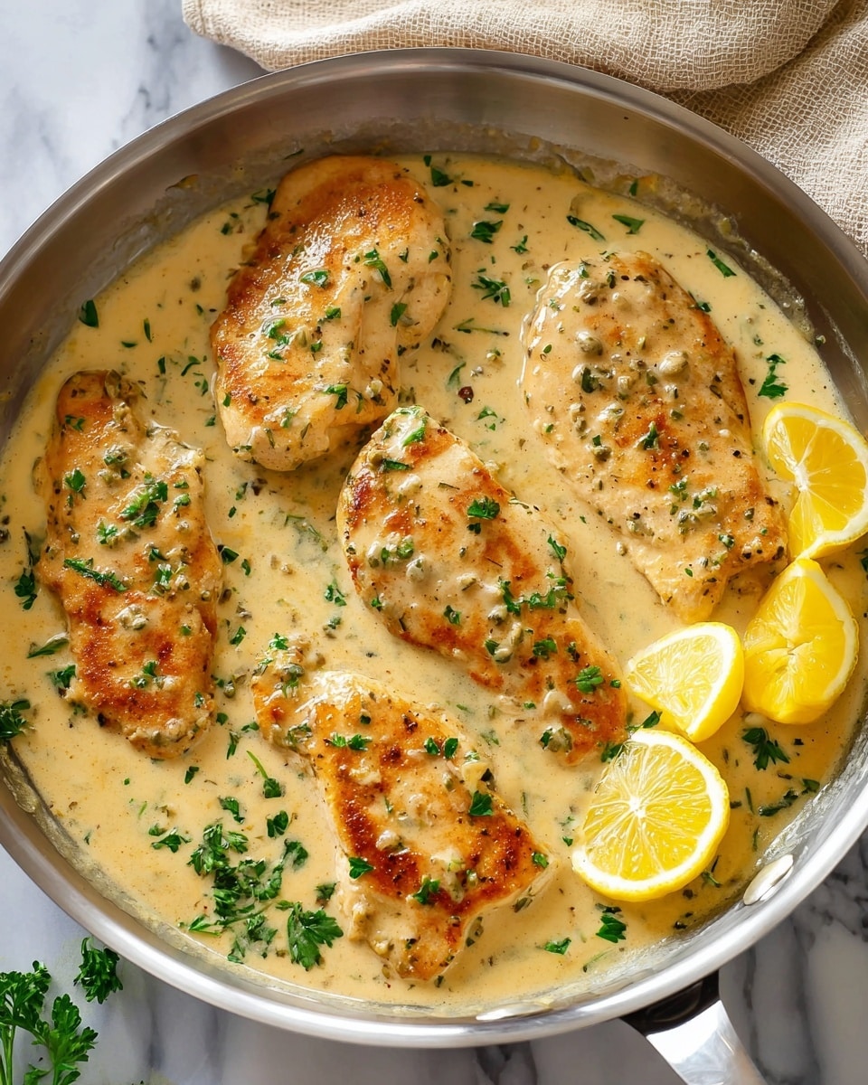 A silver pan filled with six pieces of browned chicken breasts covered in a thick, creamy light yellow sauce with specks of herbs throughout. The chicken pieces vary in size and shape, all partially submerged in the sauce. Fresh chopped green parsley is sprinkled evenly on top of the chicken and sauce. On the right side of the pan are three bright yellow lemon wedges resting partially in the sauce. The pan sits on a surface with a white marbled texture. photo taken with an iphone --ar 4:5 --v 7