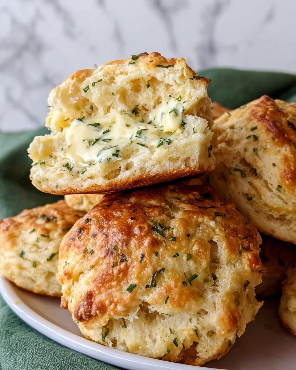 A close-up view of golden-brown biscuits stacked on a white plate, with the top biscuit split open to reveal a creamy herb butter inside. The biscuits have a slightly crispy outer layer with visible bits of herbs and cheese speckled throughout the soft, fluffy inside. The creamy filling is light yellow with green herb flecks and looks smooth and slightly melted. In the background, a green cloth is partially visible against a white marbled surface. photo taken with an iphone --ar 4:5 --v 7