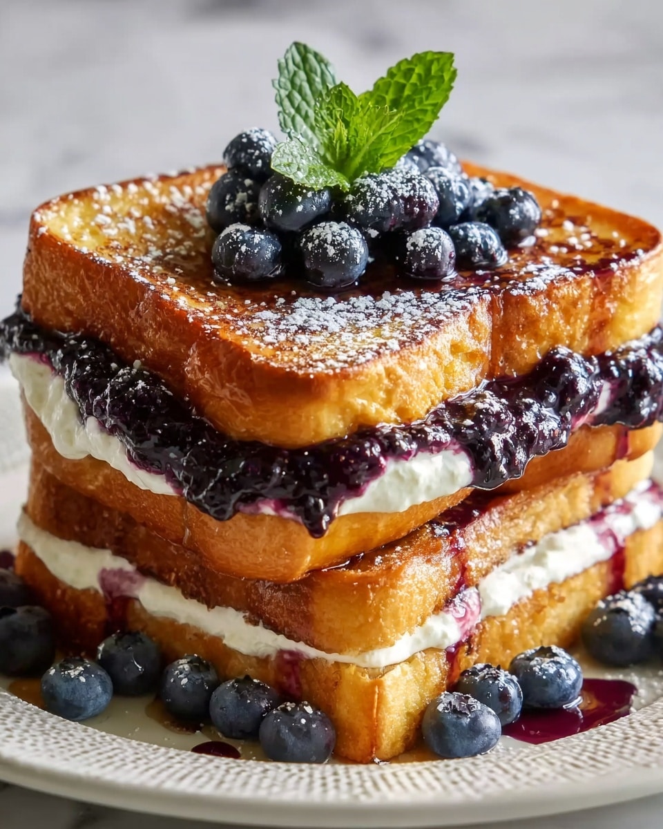 A thick sandwich made of two golden-brown grilled bread slices with a shiny, slightly crispy texture, filled with a thick layer of white cream cheese mixed with dark purple blueberry jam. On top, there is a pile of fresh blueberries and blackberries, dusted lightly with powdered sugar and a small green mint leaf on the center. The sandwich sits on a white plate with syrup dripping down the sides, all placed on a white marbled surface. photo taken with an iphone --ar 4:5 --v 7