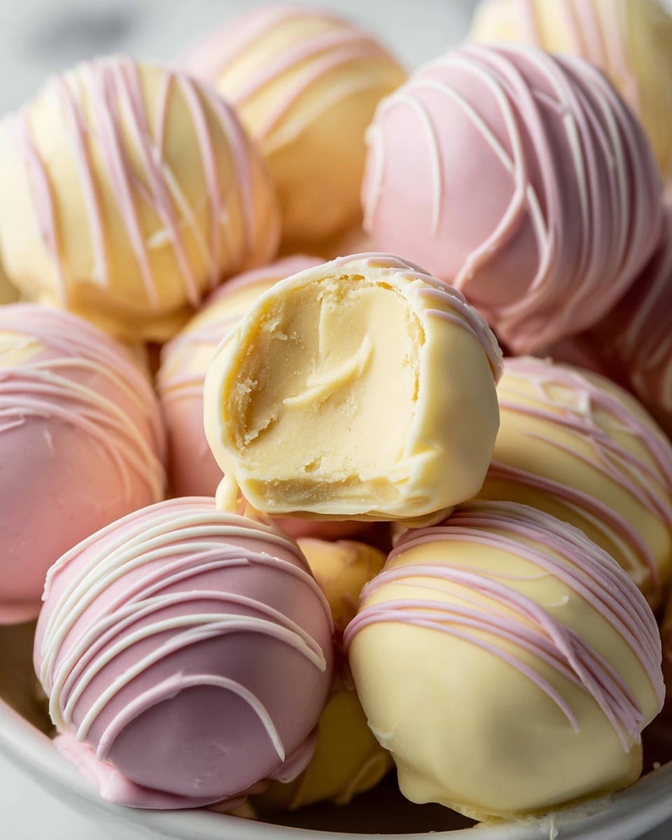 A close-up view of round truffles piled together on a white bowl placed on a white marbled surface. Each truffle has two layers: the outside is a smooth pastel-colored coating, alternating between light pink and soft yellow, with thin stripes of cream or pink drizzled on top. The truffle in the center is bitten, revealing a creamy, pale yellow inner filling with a soft creamy texture, showing swirled details inside. The lighting highlights the smoothness and slight gloss on the coatings. photo taken with an iphone --ar 4:5 --v 7
