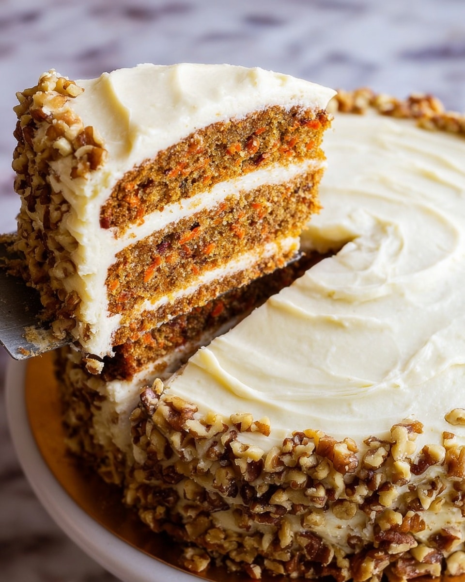 A slice of three-layer carrot cake with textured moist brown cake layers showing bits of orange carrot and small pieces of nuts. Between each cake layer is smooth, thick, creamy white frosting, and the top layer is fully covered in the same frosting. The cake slice sits on a white plate with a shiny silver spoon slightly behind it. The background has a soft focus with a white marbled surface visible below the plate. photo taken with an iphone --ar 4:5 --v 7
