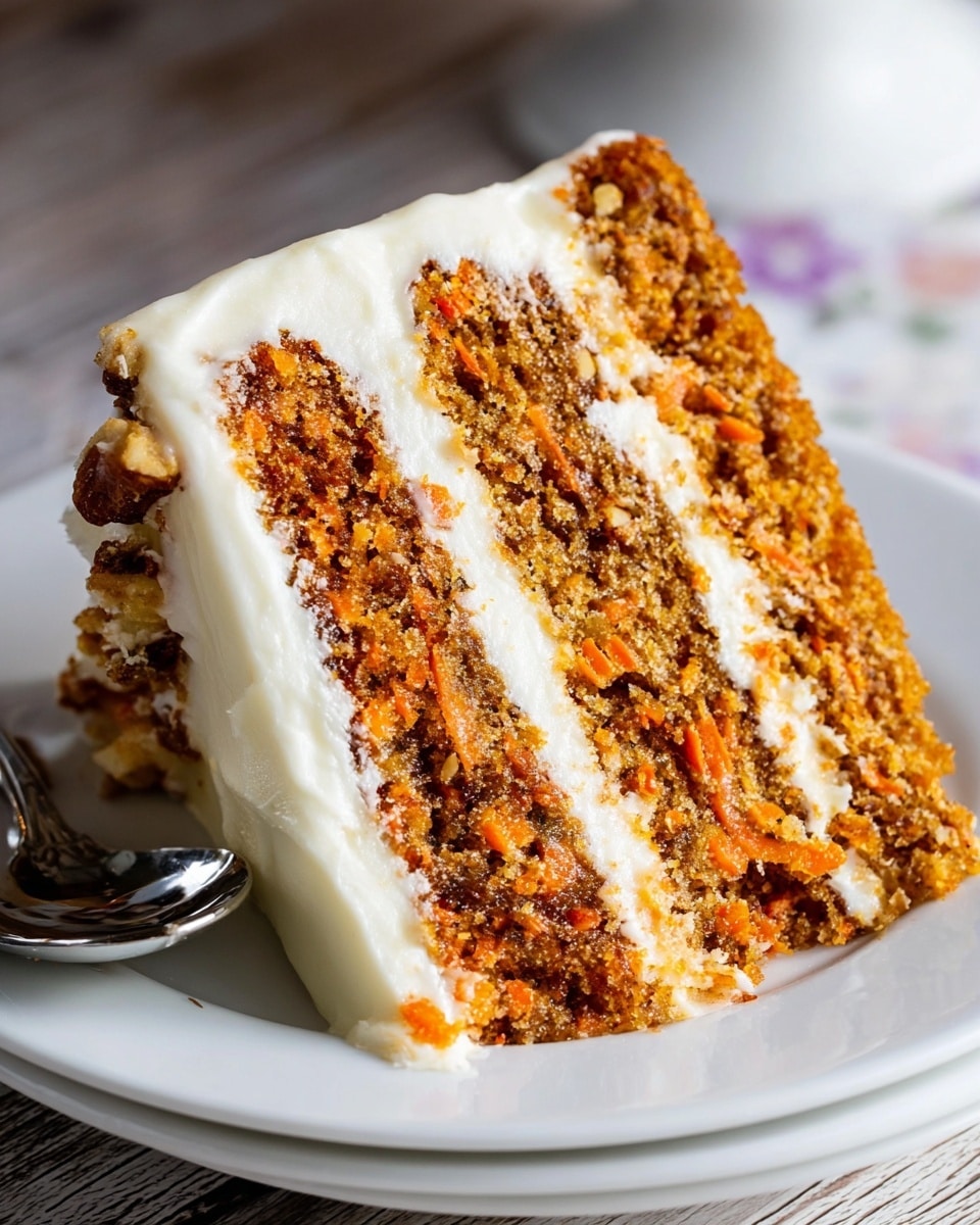 A round carrot cake with two thick golden brown layers mixed with small bits of grated carrot, separated and topped by a thick creamy white frosting layer; the sides of the cake are covered in the same frosting and decorated with a ring of chopped walnuts around the bottom edge. The cake slice is being lifted, showing the moist texture and creaminess inside. The background is a white marbled texture. Photo taken with an iphone --ar 4:5 --v 7