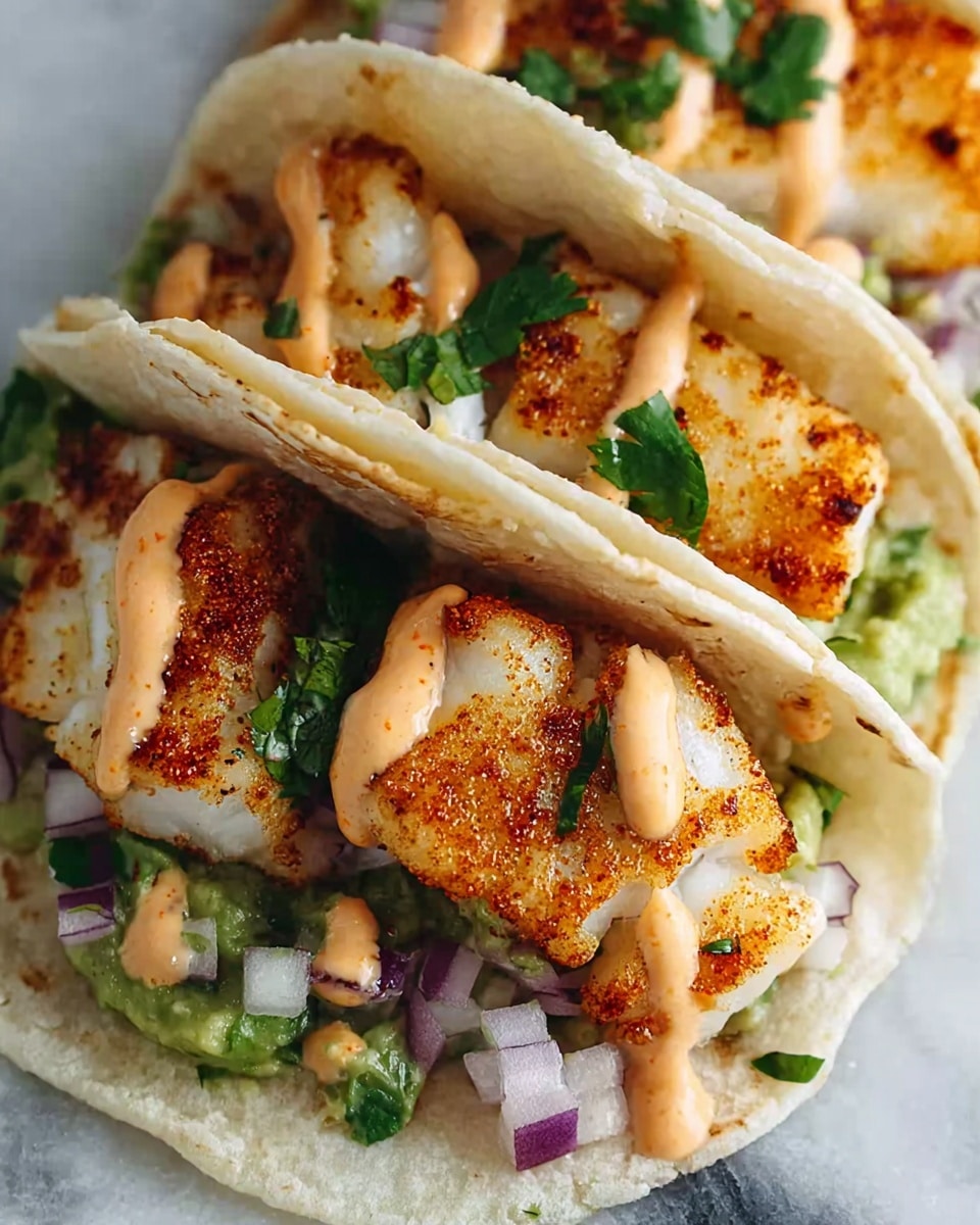 A close-up of a soft white corn tortilla folded to hold several pieces of golden brown, crispy grilled fish on the bottom layer, topped with small bits of white and purple chopped onions and fresh green cilantro leaves scattered around. There is a creamy light orange sauce drizzled over the fish, and small pieces of light green creamy avocado or guacamole peeking out from under the sauce. The taco rests on a surface with a white marbled texture. photo taken with an iphone --ar 4:5 --v 7
