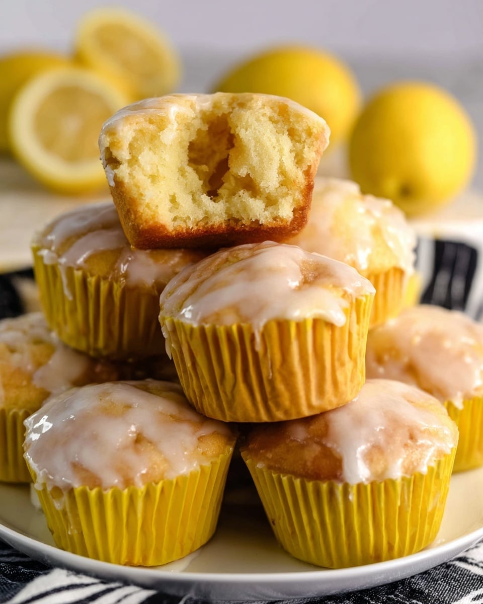 The image shows a stack of lemon muffins in bright yellow paper cups, each topped with a light, glossy white glaze that has a slightly smooth and shiny texture. One muffin, placed on the top center, is broken in half to reveal its soft, fluffy, and moist inside with a pale yellow color. Several whole and halved fresh lemons with a bright yellow skin can be seen blurred in the background on a white marbled surface. The muffins appear moist and tender with slightly golden tops under the glaze, arranged closely together on a white plate with a black and white striped cloth underneath. Photo taken with an iphone --ar 4:5 --v 7