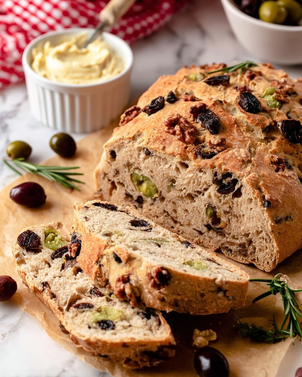 A rustic loaf of olive bread is sliced into three thick pieces, showing a dense, chewy inside filled with black and green olives and bits of walnut, creating a mix of creamy white, dark purple, and green colors inside. The crust is golden brown with a rough texture, scattered with bits of olives. The loaf and slices rest on a parchment paper over a white marbled surface, surrounded by scattered whole black and green olives and a few sprigs of rosemary. In the background, there is a white ramekin filled with hummus placed near a red and white checkered cloth. Photo taken with an iphone --ar 4:5 --v 7