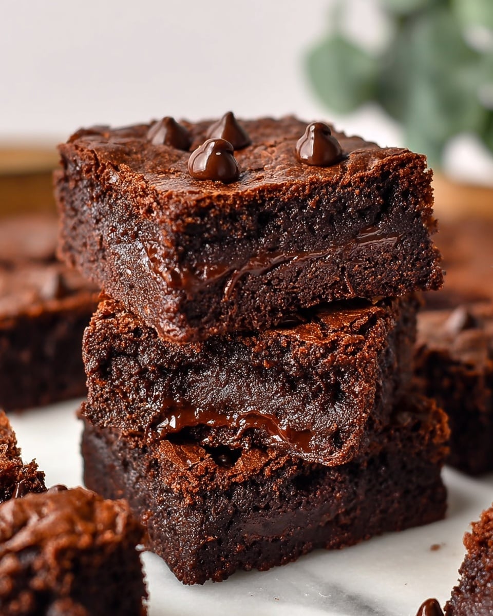 A close-up view of a stack of three thick, rich chocolate brownies sitting on white parchment paper over a white marbled surface. Each brownie layer is dark brown and moist, with a dense, slightly crumbly texture and melting chocolate chips scattered inside and on top. The top brownie shows a cracked surface with shiny, soft chocolate chips that glisten under soft light. Around the stack, more brownies are visible, showing a similar dark brown color, soft inside, and a slight crackle on top. In the blurred background, there is a green plant adding a natural touch. photo taken with an iphone --ar 4:5 --v 7