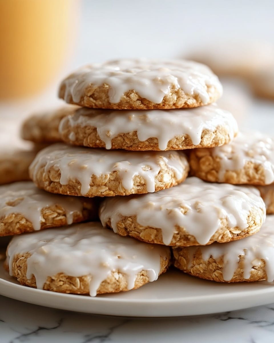 A close-up view of several round cookies stacked casually on a white marbled surface, each cookie covered with a thin, shiny layer of white icing that slightly drips over the edges. The cookies have a rough, textured surface peeking beneath the smooth icing, showing a light brown color. The overall look is soft and inviting, with a slight shine on the icing that reflects natural light, giving a fresh, homemade feel. Photo taken with an iphone --ar 4:5 --v 7