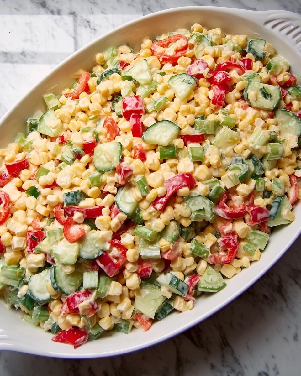A large white bowl filled with a creamy salad made from small, light yellow pasta pieces mixed with green sliced cucumbers and small red tomato pieces. The salad is topped with chopped green onions and some herbs, showing a mixed texture of creamy and fresh ingredients. In front of the bowl, there is a smaller white bowl with the same salad, sitting on a small white square plate. A red and white checkered cloth is placed to the right side on a wooden surface, with the background changed to a white marbled texture. Photo taken with an iphone --ar 4:5 --v 7