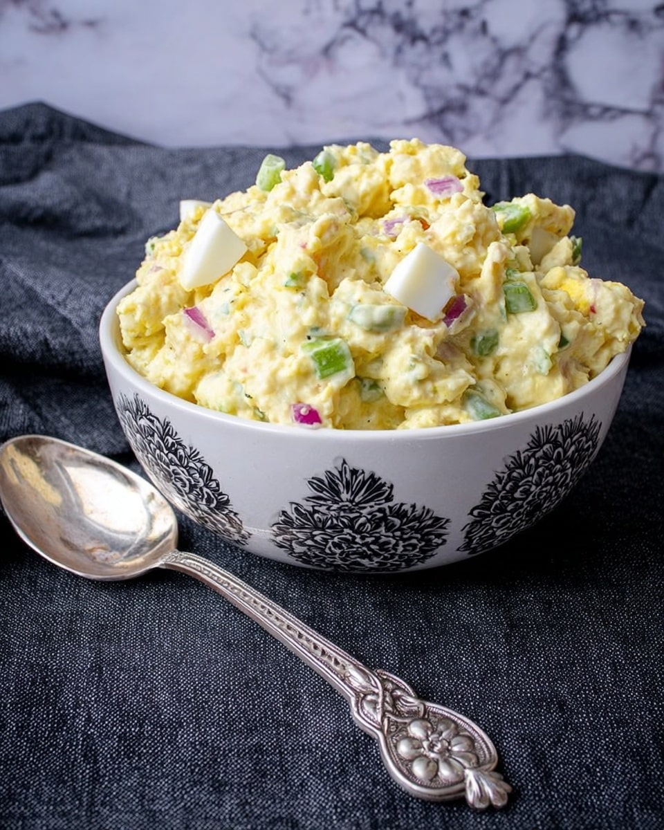 The image shows a white bowl with two small handles, filled with creamy potato salad. The potato salad is light yellow with small bits of green and red, showing chopped celery and red onion mixed in. The texture looks lumpy and soft. The bowl sits on a dark surface next to a large silver spoon with a floral design on the handle. A dark cloth is partially visible behind the bowl. The background is a white marbled texture. photo taken with an iphone --ar 4:5 --v 7