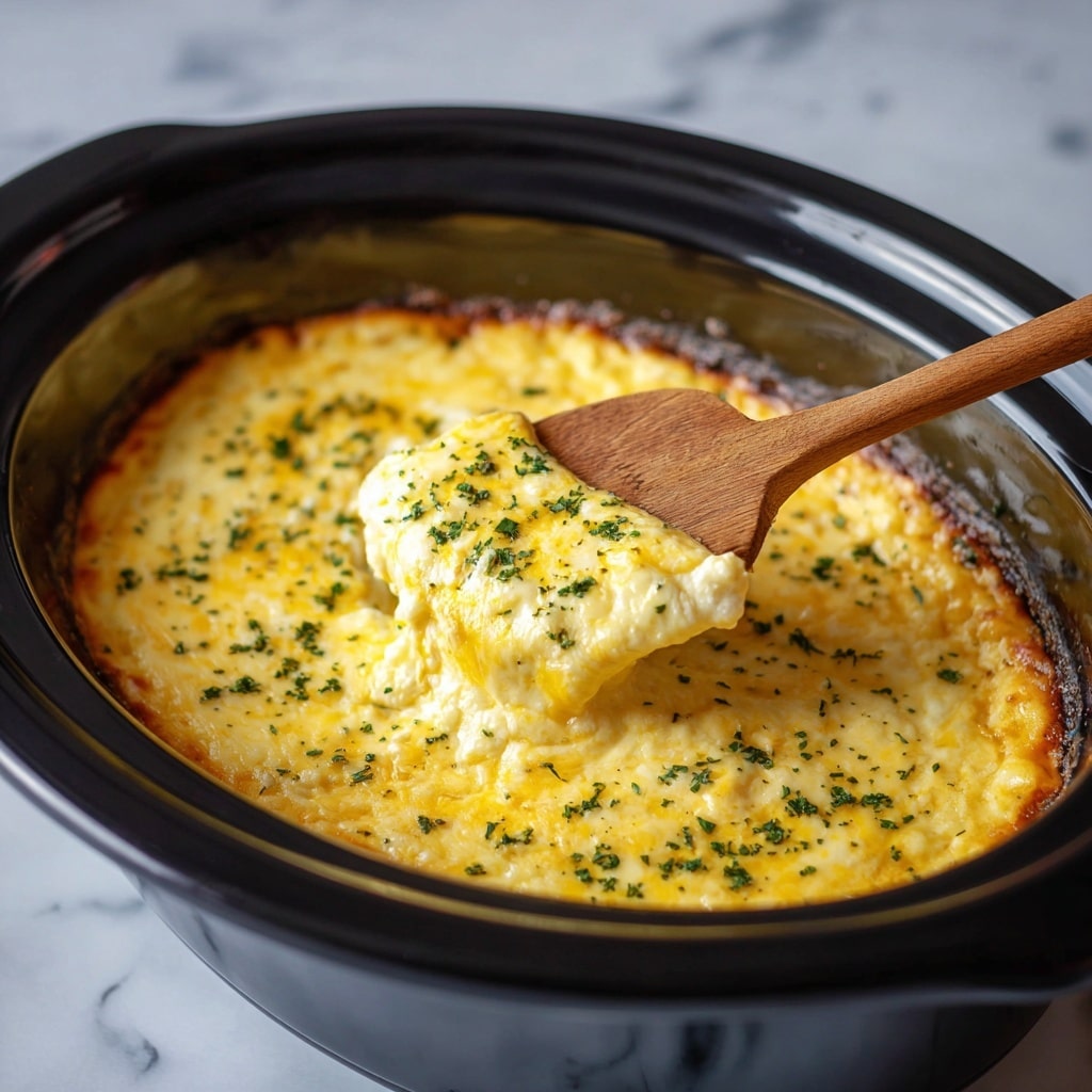 The image shows a dish with a thick, golden-yellow melted cheese layer on top mixed with bits of white cheese, giving a soft, creamy texture. The cheese layer has small sprinkles of green herbs scattered across it, adding a touch of color. A wooden spoon is scooping a portion from the round black slow cooker, revealing the gooey, rich cheese inside beneath the top layer. The dish has a slightly browned edge where the cheese touches the black cooker, showing it has been baked or cooked slowly. The scene is set on a white marbled surface. photo taken with an iphone --ar 4:5 --v 7
