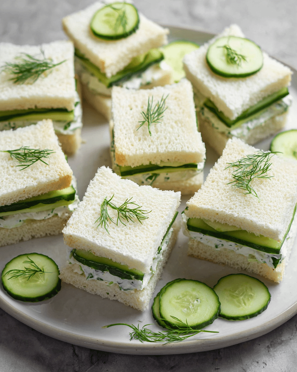 A white plate filled with several small square cucumber tea sandwiches, each made of three layers: soft white bread on top and bottom, with a middle layer of white cream spread and thin green cucumber slices, giving a fresh texture. Each sandwich is topped with a thin cucumber slice and small sprigs of green dill. Around the plate, extra cucumber slices and dill sprigs are scattered for decoration, all placed on a white marbled surface. photo taken with an iphone --ar 4:5 --v 7
