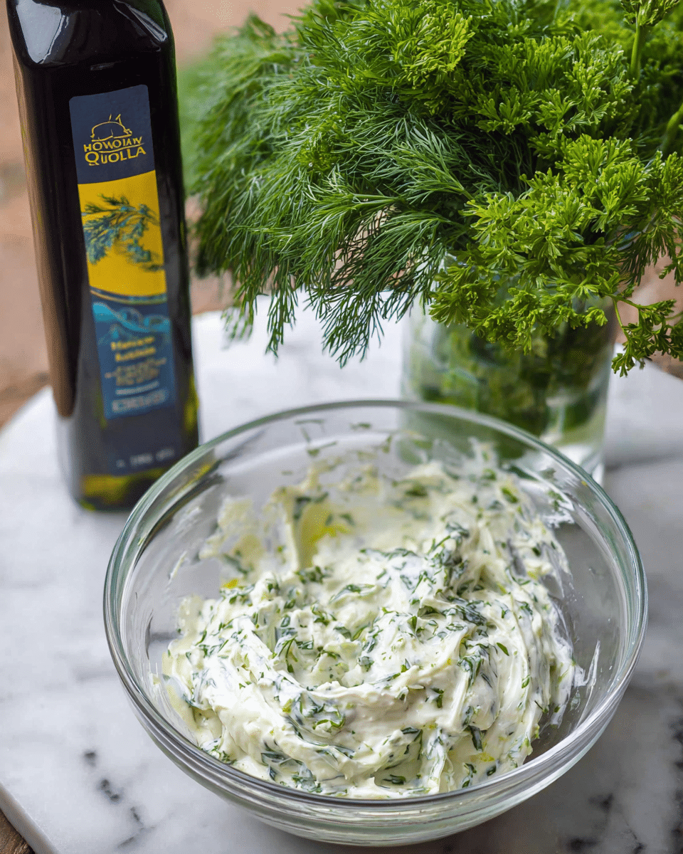 A clear glass bowl sits on a white marbled surface, filled with a creamy white mixture flecked with finely chopped green herbs. Behind the bowl, a glass vase holds fresh green dill and parsley with delicate textured leaves. To the left, a dark bottle of Spanish extra virgin olive oil stands upright, its label showing yellow and blue accents. The overall scene is bright and fresh, highlighting the natural colors and textures of the ingredients. photo taken with an iphone --ar 4:5 --v 7
