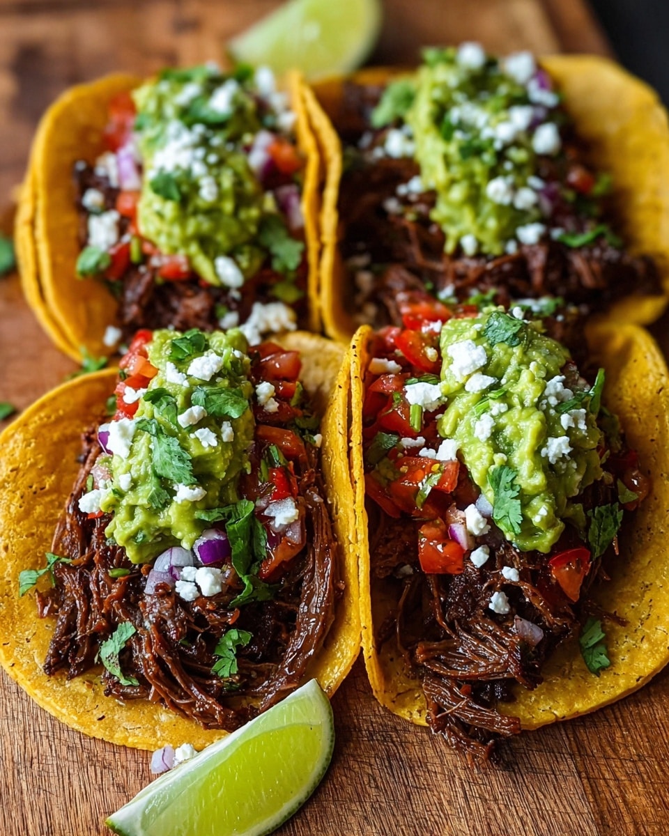 Three yellow corn tortillas are folded and filled with dark brown shredded meat, topped with small white onion pieces and chopped green cilantro. The tacos are placed side by side on a surface with a white marbled texture. To the left, there is a wedge of bright green lime, and in the background, there is a white bowl with chunky green guacamole. The edges of the tortillas look soft and slightly crisp with some texture visible on the meat. Photo taken with an iphone --ar 4:5 --v 7