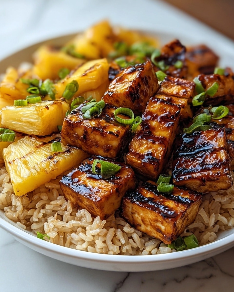A white bowl filled with three visible layers is shown on a white marbled textured surface. The bottom layer is light brown cooked rice with a soft texture. On top of the rice are golden-yellow grilled pineapple chunks with slightly charred edges, giving them a caramelized look. The top layer consists of glazed grilled tofu cubes that are dark golden brown with visible grill marks and a shiny, sticky surface. Small green chopped scallions are sprinkled over the tofu and pineapple, adding a fresh pop of color. Photo taken with an iphone --ar 4:5 --v 7