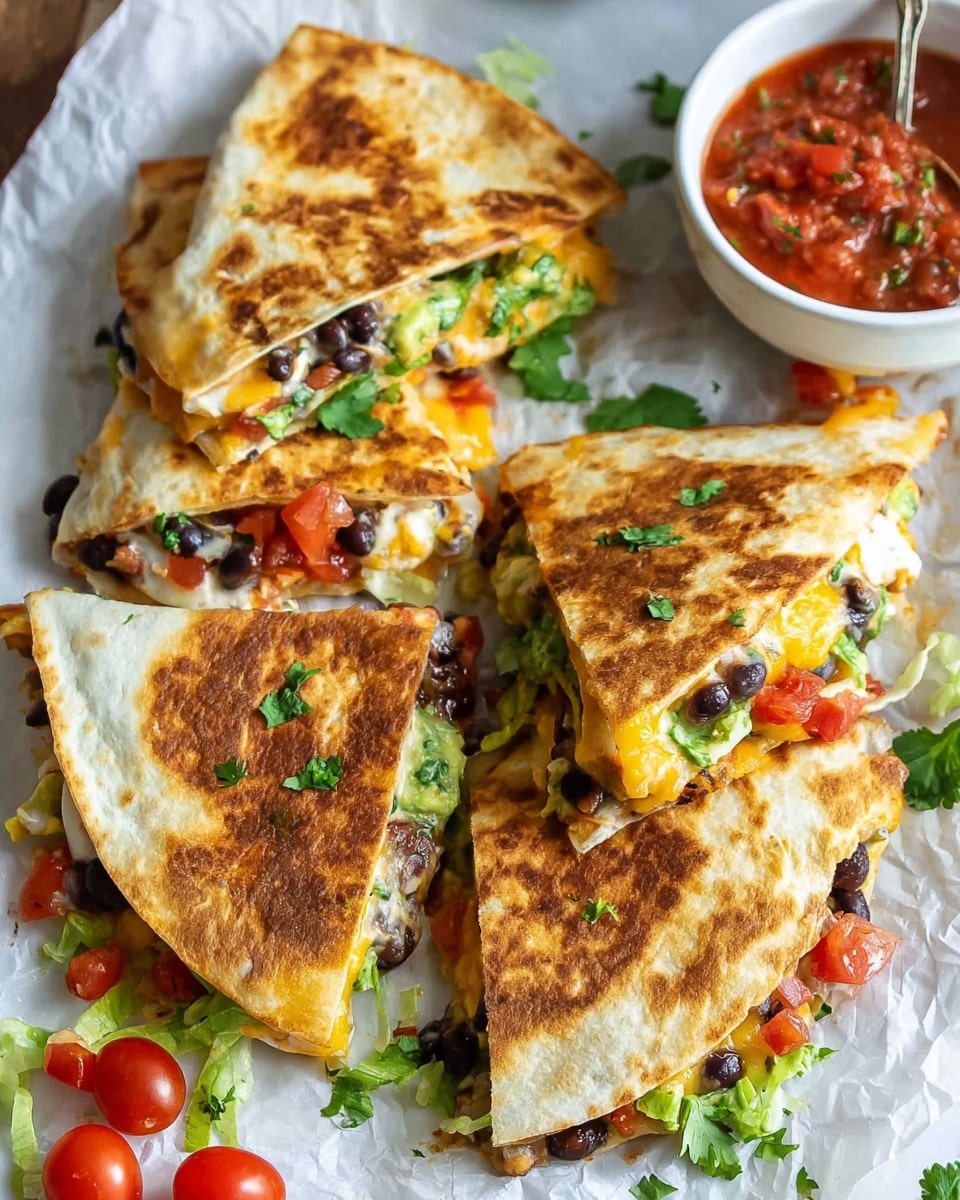The image shows two quesadilla pieces placed on crinkled light brown parchment paper over a white marbled surface. The quesadillas have a golden brown crispy outer layer with some darker spots, showing a soft, white tortilla base. One quesadilla is cut in half revealing three visible layers inside: melted yellow cheese stretching like strings between halves, a layer of dark brown beans, and fresh green lettuce with some red tomato bits. Surrounding the quesadillas are small red cherry tomatoes and scattered green lettuce pieces. In the top right corner, there is a white bowl filled with chunky red salsa, with a silver spoon inside. photo taken with an iphone --ar 4:5 --v 7