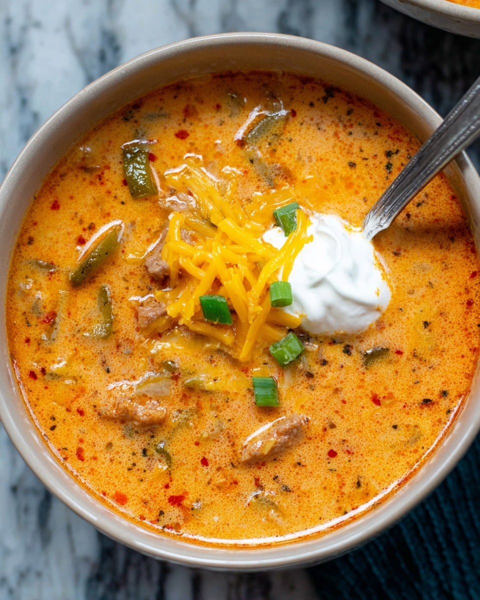 A close-up view of a bowl filled with creamy orange soup that has visible small chunks of green vegetables and tender pieces of meat mixed throughout. The soup has a smooth, slightly oily texture with specks of red spices floating on the surface. On top, there is a small dollop of white sour cream and sprinkled bright yellow shredded cheese with a few pieces of chopped green onions for garnish. The bowl itself is white and set on a white marbled surface, with a metal spoon resting inside the bowl. Photo taken with an iphone --ar 4:5 --v 7