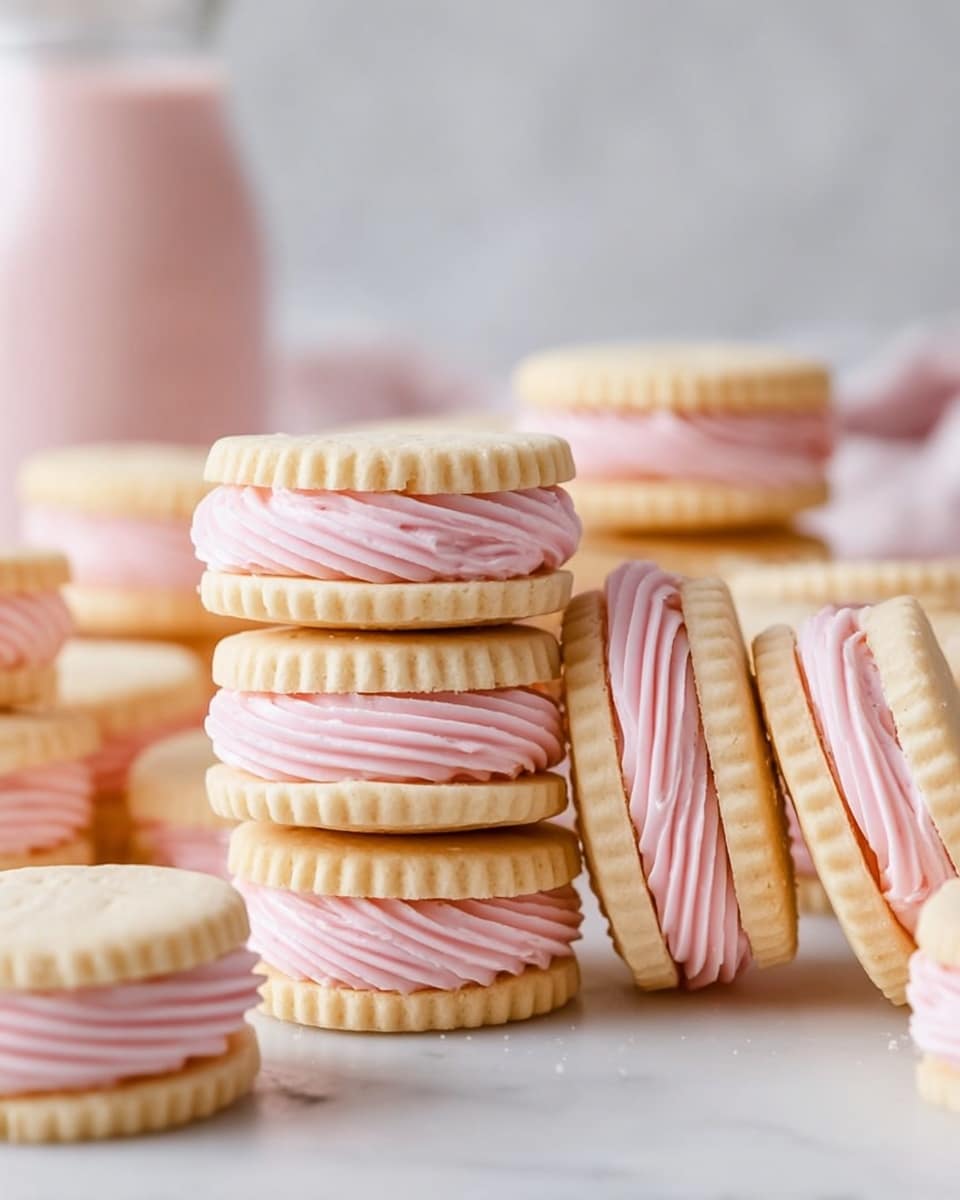 The image shows many sandwich cookies stacked close together on a white plate, placed on a white marbled surface. Each cookie has two light golden, round, ridged-edged biscuit layers with a thick swirl of soft, pale pink cream filling between them. The texture of the biscuits looks smooth and slightly crumbly, while the cream filling is smooth with visible ridges from piping. The cookies are arranged in small piles and some stand alone, creating a sense of depth. The background is softly blurred with a white marbled texture, keeping the focus on the cookies. photo taken with an iphone --ar 4:5 --v 7