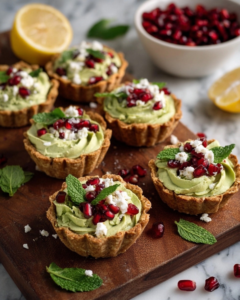 A close-up view of small tartlets with a crispy golden brown crust forming cup shapes, each filled with swirled smooth green avocado cream. On top of the avocado layer, there is a sprinkle of crumbly white cheese and scattered shiny dark red pomegranate seeds. A woman's hand is placing a small green herb leaf on one tartlet. The tartlets are set on a white marbled surface with a wooden board partially visible beneath. Photo taken with an iphone --ar 4:5 --v 7