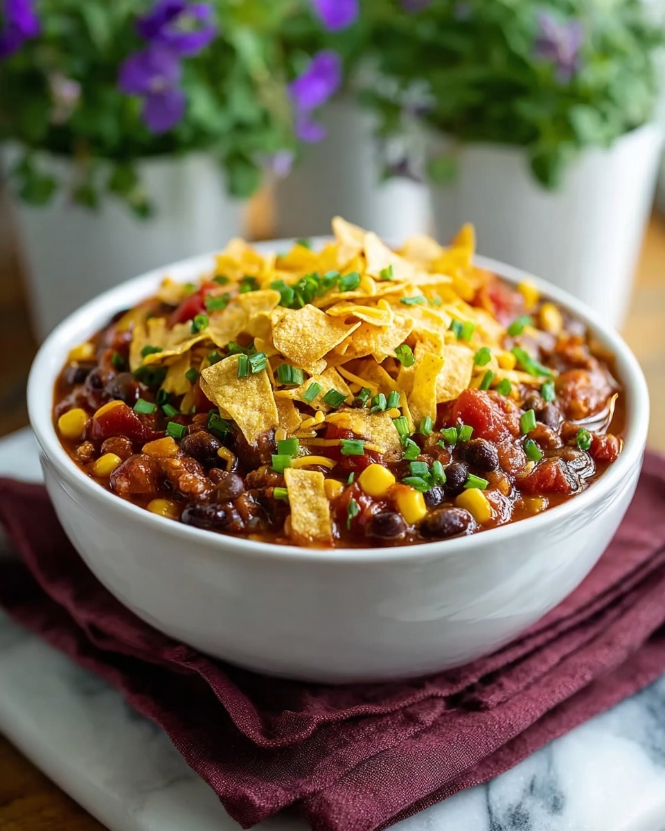 A close-up view of a white square bowl filled with a colorful three-layer chili mix resting on a red cloth over a white marbled surface. The bottom layer is rich dark brown with black beans and ground meat or lentils. The middle layer includes bright yellow corn kernels scattered throughout. The top layer has a mix of diced red bell peppers, chopped green herbs, and small pieces of crunchy yellow tortilla chips. A silver spoon holds a scoop of the chili, showing all layers clearly with a shiny, moist texture. In the blurred background, a white vase with purple flowers adds a soft touch. Photo taken with an iphone --ar 4:5 --v 7