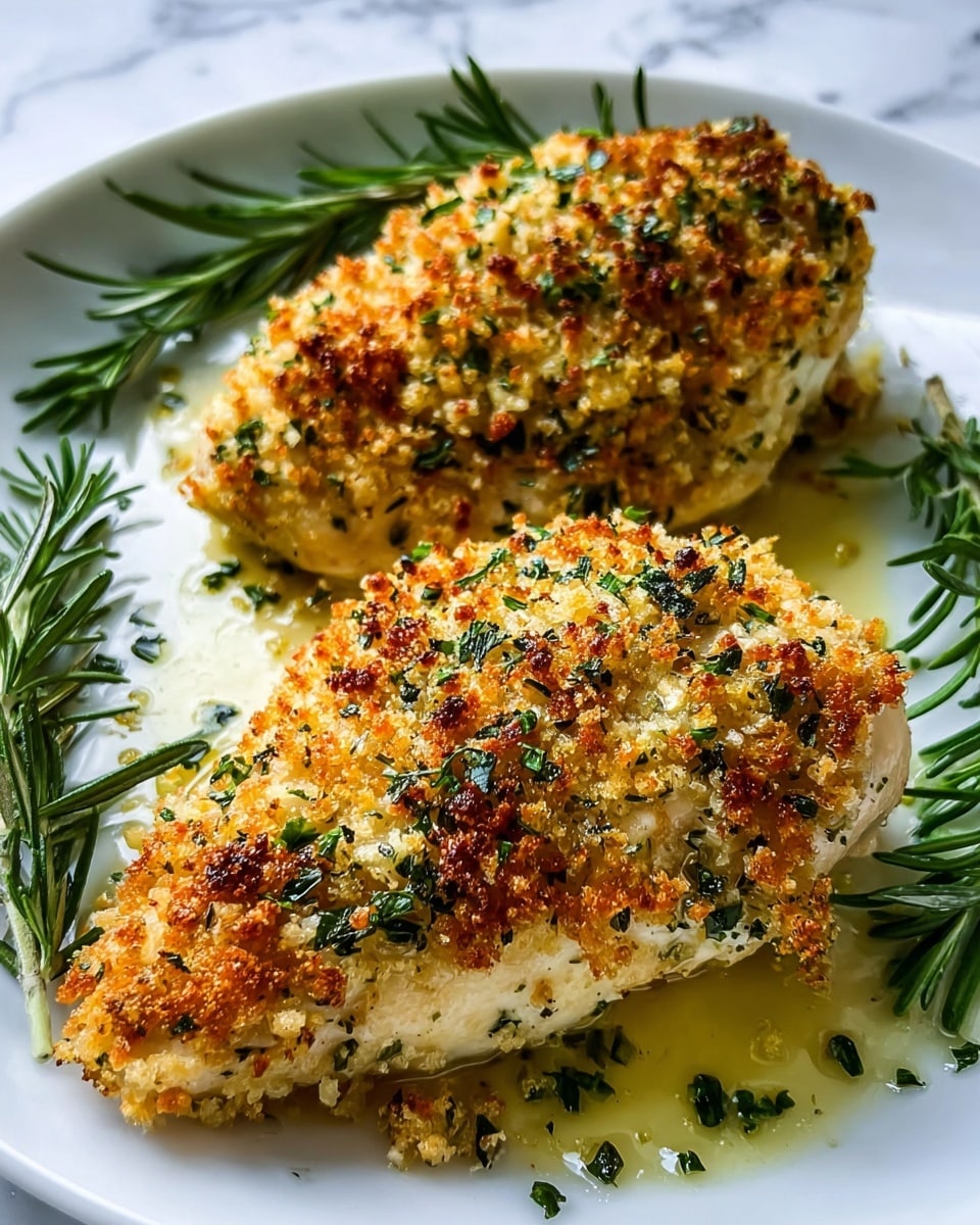 Two pieces of chicken breast sit on a white plate, each topped with a golden-brown crust made of crispy breadcrumbs mixed with green herbs. The crust has a rough texture with small browned spots showing it is baked or fried. Fresh green sprigs of thyme and rosemary are placed around the chicken, adding a natural, fresh look. The chicken sits in a shallow pool of light yellow oil or melted butter, making the dish look juicy and rich. The background is a white marbled surface. photo taken with an iphone --ar 4:5 --v 7