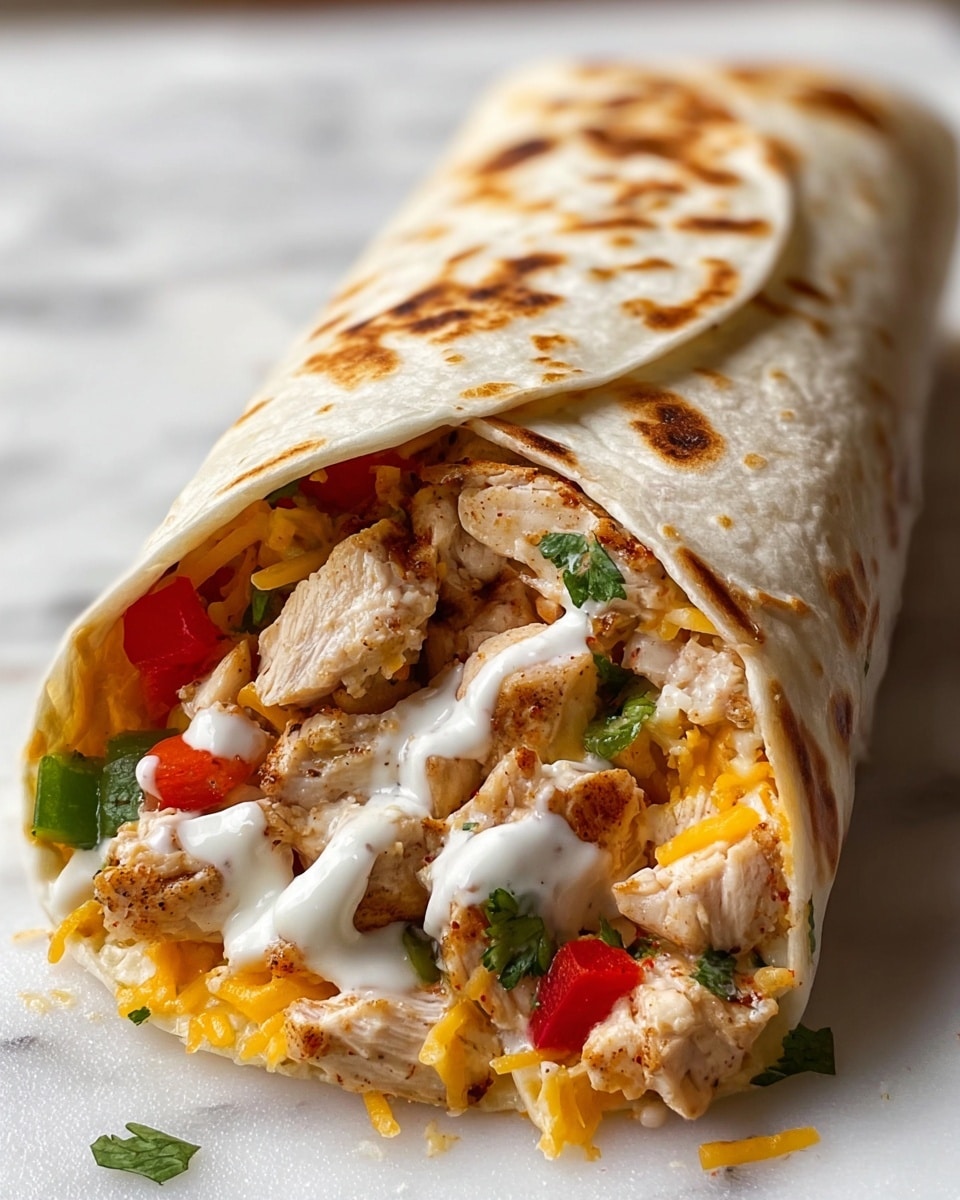 A close-up view of a soft wrapped tortilla with light brown toasted spots on the surface. Inside, there are layers of shredded grilled chicken with slight seasoning, bright red and green diced bell peppers, melted yellow cheddar cheese strands, and a drizzle of white creamy sauce dotted with small green cilantro leaves. The wrap is placed on a white marbled texture surface, showcasing the colorful and textured filling spilling slightly from the open end. Photo taken with an iphone --ar 4:5 --v 7