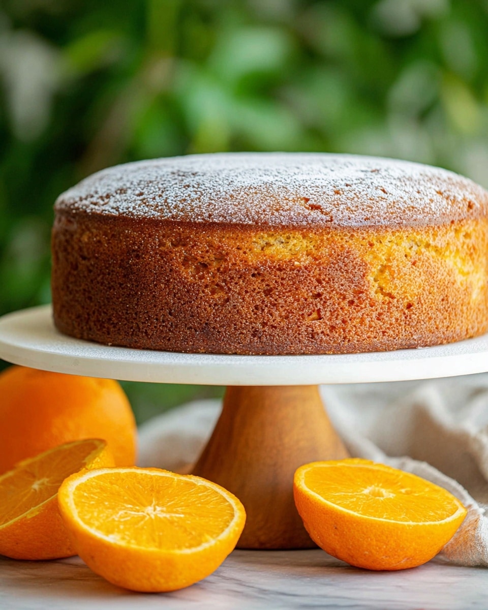 A two-layer orange cake with a golden brown crust and slightly rough texture stands on a white cake stand with a wooden base. The top of the cake is dusted lightly with powdered sugar. In front of the cake, there are two bright orange slices with a juicy, smooth texture, and a whole orange sits nearby on a white marbled surface. The background is blurred with green leafy colors, giving a fresh and natural feel. photo taken with an iphone --ar 4:5 --v 7