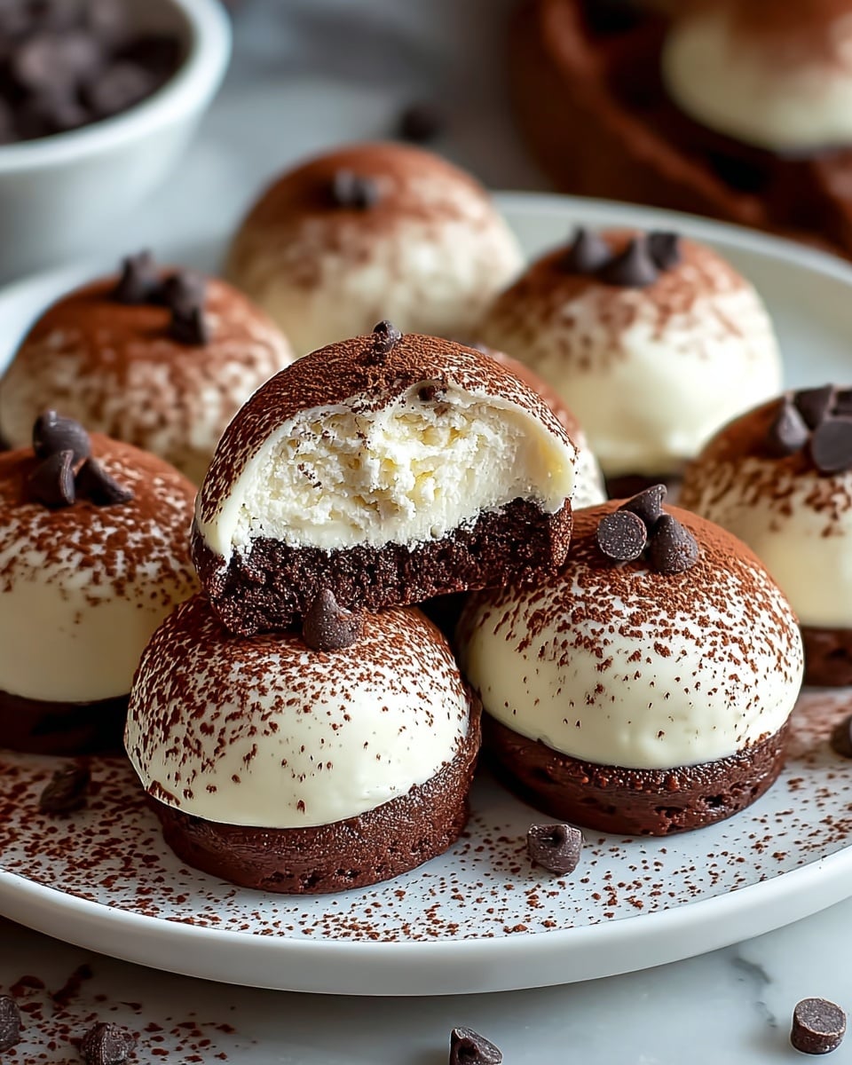 The image shows a white round plate with seven round dessert balls arranged in a circle. Each ball has a smooth white outer layer with a dusting of light brown powder on top. One ball is cut in half, revealing a dark brown crunchy-looking filling inside. The plate sits on a white marbled surface with blurred brown eggs and a wooden whisk in the background. The light is soft, highlighting the creamy texture of the balls and the contrast between the white outside and dark inside. photo taken with an iphone --ar 4:5 --v 7