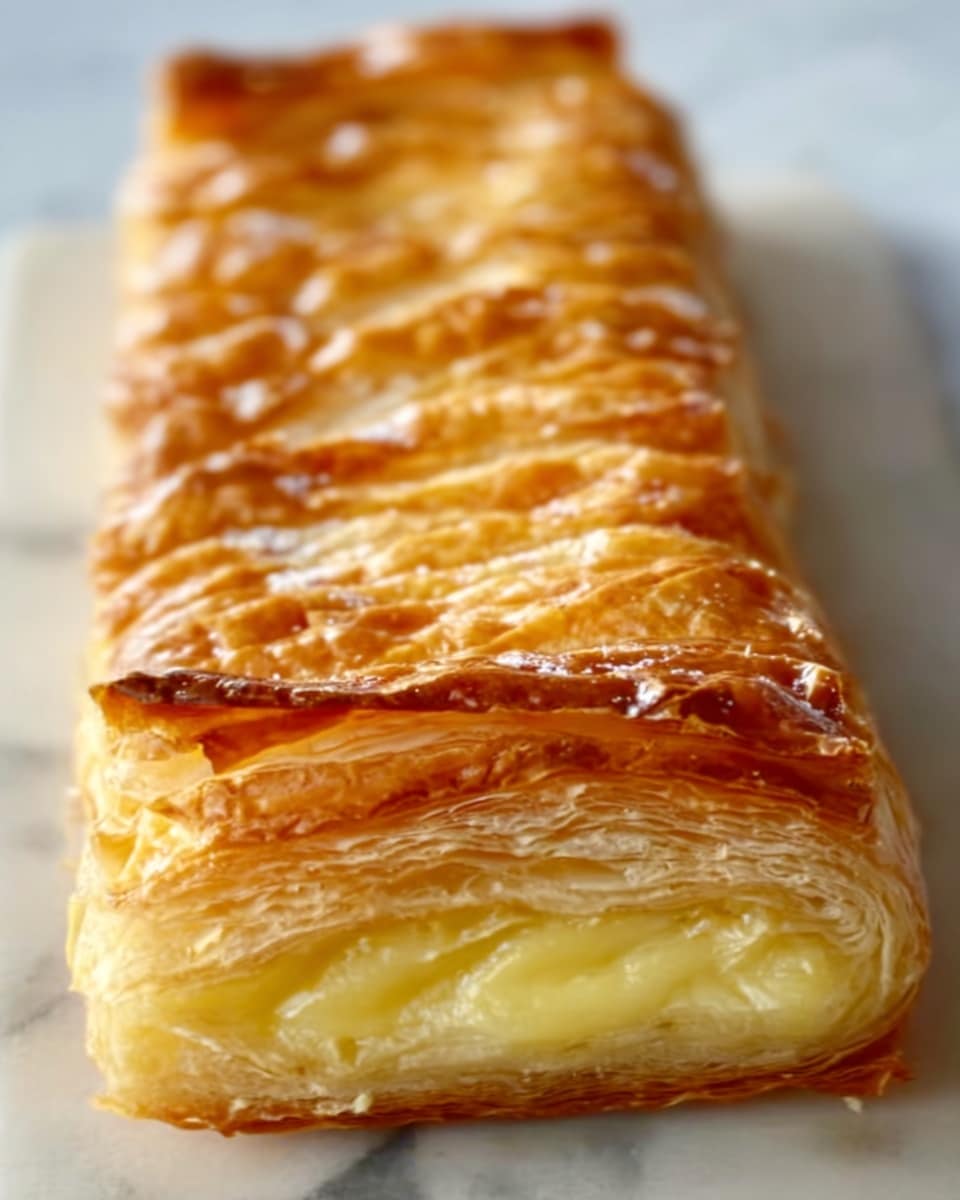 A golden brown pastry roll with shiny, crisp layers on top, showing a creamy white filling oozing slightly from the cut end. The roll is placed on white parchment paper which rests on a white marbled surface; in the background, there is a small blurred bowl with a light filling. The textures of the flaky outer dough contrast with the smooth creamy inside filling, making it look fresh and inviting. Photo taken with an iphone --ar 4:5 --v 7