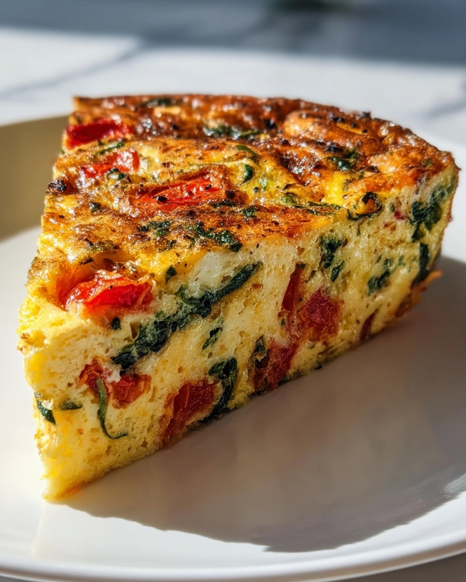 A close-up of a thick slice of frittata on a white plate, showing three main layers: the top golden brown layer is slightly crispy and well-cooked with small parts of herbs and cooked vegetables, the middle layer is a mix of bright red tomato chunks and dark green spinach pieces embedded in a fluffy, light yellow egg base, and the bottom layer is a continuation of the egg base with some spinach near the edges. The frittata looks soft inside but firm on the outside, and the plate sits on a white marbled surface in bright natural light. photo taken with an iphone --ar 4:5 --v 7