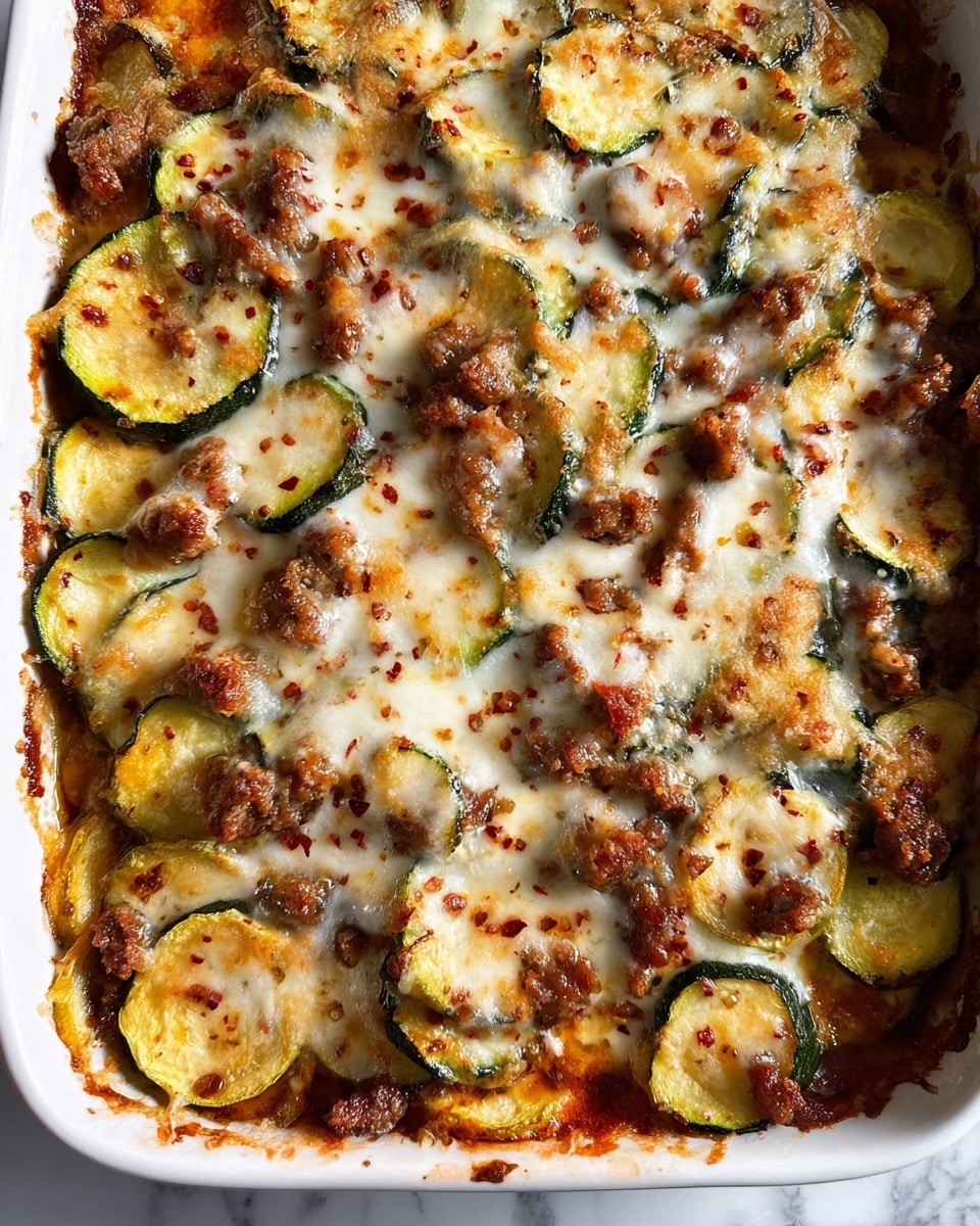 A baked dish in a white rectangular pan filled with layers of sliced yellow and green zucchini, evenly spread browned sausage pieces, all covered with melted, slightly browned mozzarella cheese sprinkled with red chili flakes. The zucchini slices show a soft, tender texture, and the sausage bits add a rough, crispy detail on top. The cheese layer is thick and creamy, with golden brown spots from baking that create a rich, appetizing surface. The dish looks hot and fresh, with some edges slightly caramelized against the white pan, placed on a white marbled surface. photo taken with an iphone --ar 4:5 --v 7
