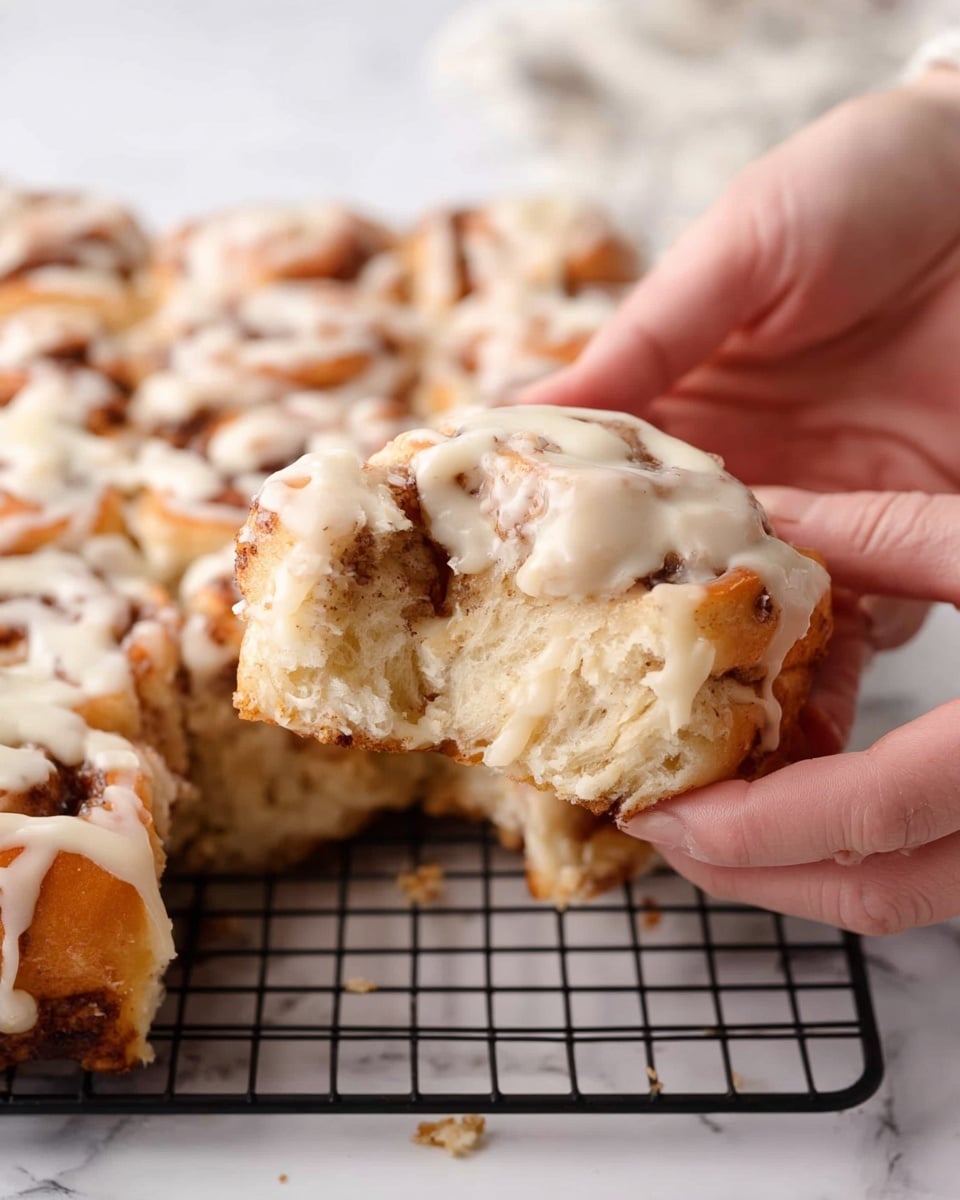 A close-up view of a torn piece of cinnamon roll with creamy white icing dripping over it, revealing soft layers of dough mixed with brown cinnamon swirls inside; a pair of woman's hands with light skin gently pulling the roll apart, showing its fluffy texture; in the background, more cinnamon rolls covered with icing are placed closely together on a black cooling rack, all set on a white marbled surface. Photo taken with an iphone --ar 4:5 --v 7