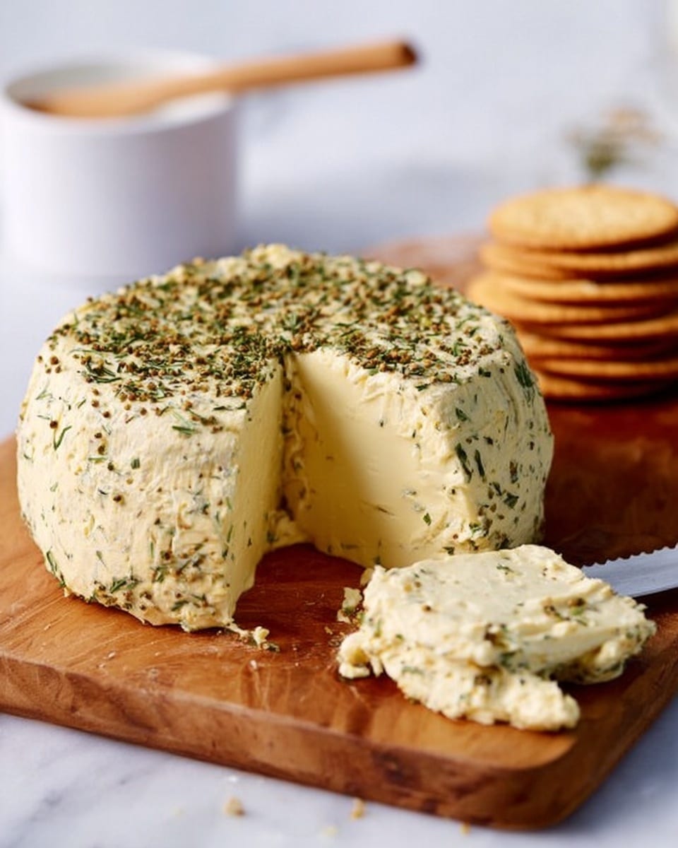 The image shows a round, yellow cheese-like block covered with a mix of dried herbs on its outer surface. The block has a thick outer layer speckled with green and brown herb flakes, while the inner inside is smooth and pale yellow with a soft texture. It is placed on a wooden cutting board with a few pale beige cashew nuts scattered around. In the background, there are three round crackers stacked together, all set on a white marbled surface. The edge of a white container is just visible behind the cheese block. photo taken with an iphone --ar 4:5 --v 7