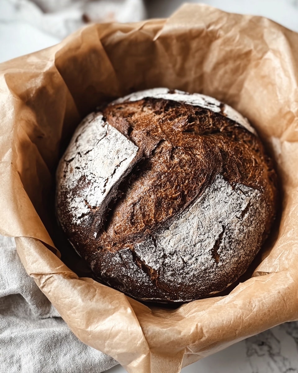 A round loaf of rustic bread with a dark brown crust and a deep score across the top, revealing an airy texture inside. The crust is sprinkled with white flour creating a patchy pattern, and the bread sits wrapped in crinkled light brown parchment paper. The parchment paper is placed in a white bowl, and the background shows a white marbled surface with some fabric and small bowls nearby. Photo taken with an iphone --ar 4:5 --v 7