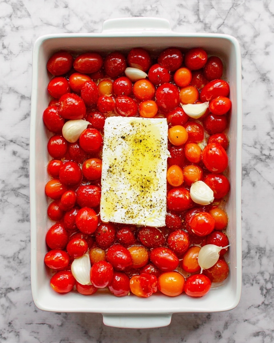 A rectangular white baking dish sits on a white marbled surface, filled with many small, shiny red and orange grape tomatoes scattered evenly inside. In the center of the dish is a single rectangular block of white feta cheese, drizzled with olive oil and sprinkled with black pepper. Around the feta and among the tomatoes are a few peeled garlic cloves, adding a slight off-white color contrast. The textures show the smooth, glossy skin of the tomatoes and the crumbly, soft texture of the cheese. photo taken with an iphone --ar 4:5 --v 7