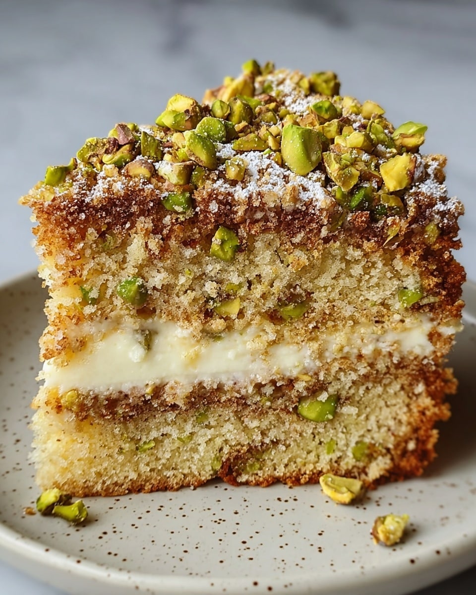 A close-up slice of a two-layer cake is shown on a white plate with a light brown rim. The bottom layer is a light golden cake with small green and brown specks inside, giving a textured look. A thin creamy white filling separates the bottom layer from the top layer, which is similar in color and texture. The top of the cake is covered with a shiny glaze, sprinkled thickly with chopped green pistachios and some crumbly bits. The background is softly blurred with a white marbled texture beneath the plate. photo taken with an iphone --ar 4:5 --v 7
