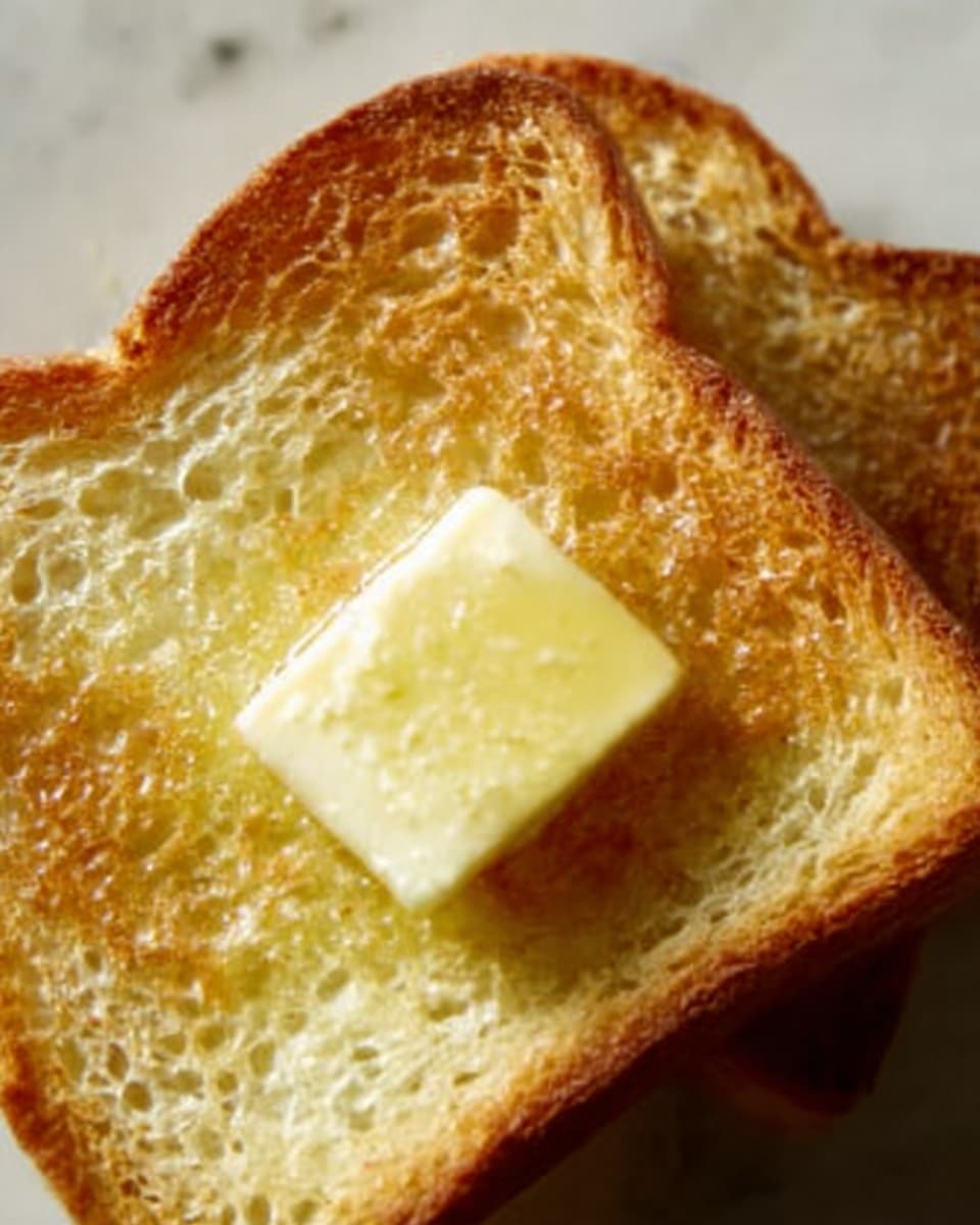 Two toasted bread slices with golden brown crusts and light, airy textures on a white marbled surface. On the front slice, there is a small square of melting pale yellow butter that glistens as it softens and spreads slightly on the warm toast. The toasts’ rough, porous texture contrasts with the smoothness of the butter. photo taken with an iphone --ar 4:5 --v 7