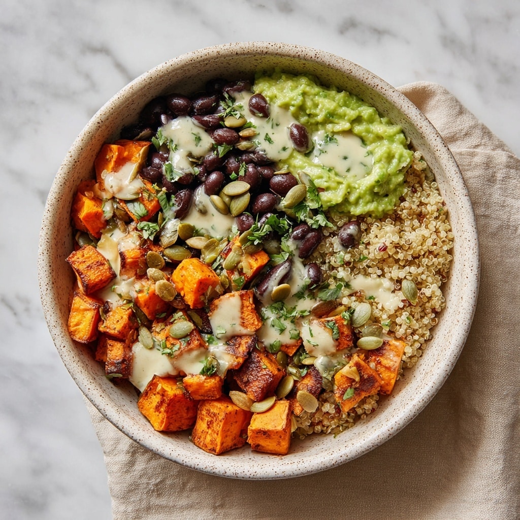 A bowl with three main layers: the bottom layer is light beige quinoa, soft and grainy, filling the bowl evenly; the middle layer is roasted orange sweet potato cubes with browned edges, placed on one side; the other side has a pile of dark, shiny black beans. Drizzled over all is a light creamy sauce with a pale beige color. Sprinkle of small green chopped herbs and green pumpkin seeds are scattered on top. The bowl sits on a white marbled surface. Photo taken with an iphone --ar 4:5 --v 7