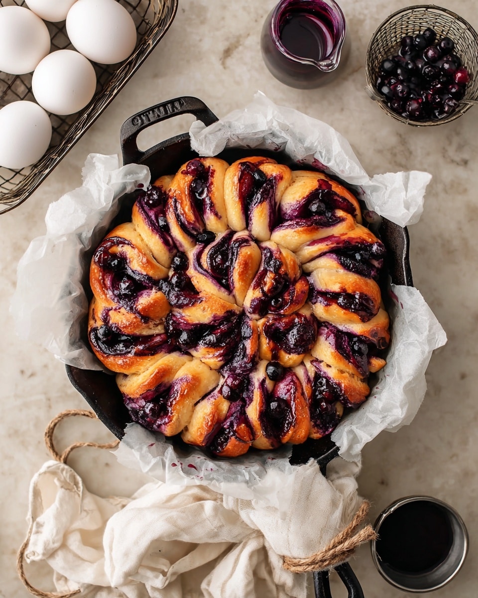 The image shows a round baked dessert made of multiple swirled dough rolls with glossy golden-brown tops, arranged closely in a black pan lined with white parchment paper. A thick, shiny purple sauce with chunks of blueberries covers and drips over the rolls, filling the spaces between them and part of their surface, adding a rich contrast to the warm tones of the dough. The texture of the dough looks soft and fluffy, especially visible where a piece has been pulled out, revealing a light cream interior slightly stained with the purple sauce. The pan rests on a white marbled surface, and a blurred white cloth is in the foreground, creating a cozy and inviting atmosphere. photo taken with an iphone --ar 4:5 --v 7