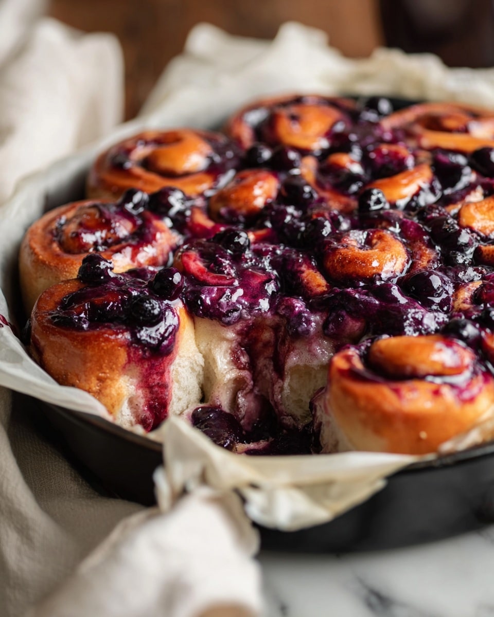 A round twisted bun bread filled with a dark purple berry filling is baked in a black cast iron pan lined with white parchment paper. The bread has a golden brown crust with swirls showing the rich purple berry layers peeking through. The bun is twisted into multiple sections making a flower-like pattern with dark glossy berry jam oozing out in many places. The pan sits on a white marbled surface, surrounded by a wire basket holding white eggs, a small metal cup filled with dark berries, and a small black jug with purple liquid. A white cloth is wrapped around the pan’s handle, tied with twine. Photo taken with an iphone --ar 4:5 --v 7