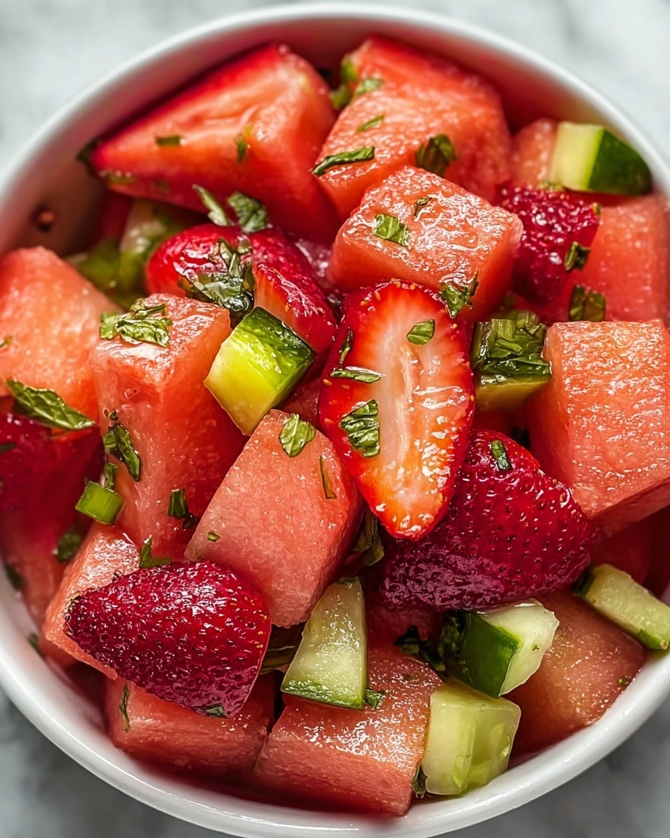 The image shows a close-up of a white bowl filled with a fresh fruit salad. The salad has several layers of bright red strawberry pieces, some cut into halves and others into chunks, mixed with small green lime wedges. The strawberries have a shiny, juicy texture, and the lime wedges add a fresh, glossy green contrast. Scattered throughout the fruit are small green leaves, likely mint or cilantro, which add a touch of green and texture on top. The bowl is placed on a white marbled surface that slightly blurs in the background. photo taken with an iphone --ar 4:5 --v 7