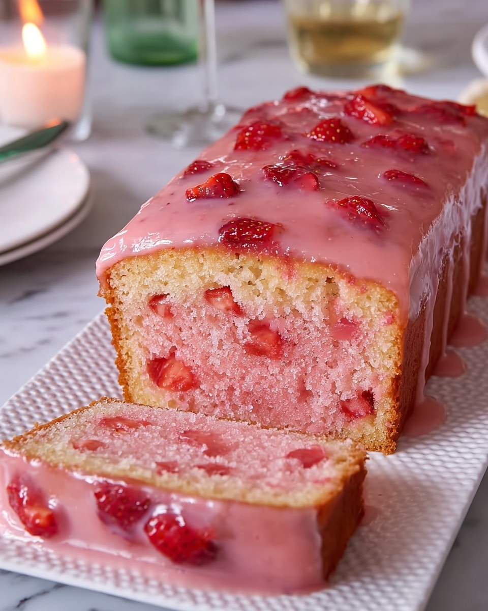A rectangular pink cake with a light, fluffy texture is sliced, showing one full slice lying flat and the rest of the cake standing upright on a white plate with a scalloped edge. The cake has one main layer with a gradient of pale pink to cream inside. The top and sides are covered with a thick, shiny pink glaze that holds small pieces of red strawberries, giving a glossy and fresh look. The background is a white marbled surface with some glassware and a blurred candle in the distance. Photo taken with an iphone --ar 4:5 --v 7