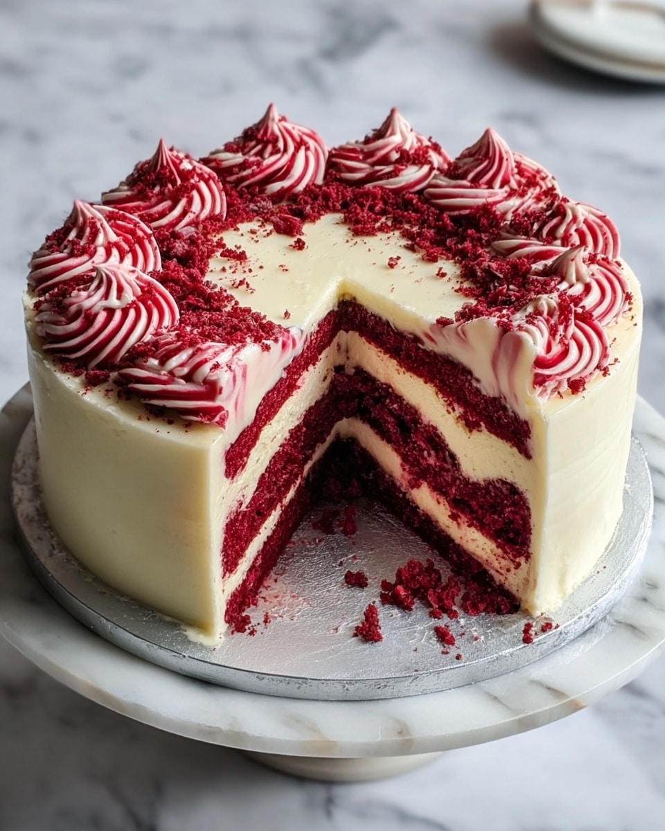 A round red velvet cake with three thick red layers and two layers of white cream in between, covered smoothly in white cream frosting with red swirls on the sides and top. The top is decorated with thick red cream swirls around the edge, interspersed with loose red velvet crumbs. A slice is missing, showing the moist texture of the red cake and the creamy white layers inside. The cake sits on a white marbled cake stand with a silver base, placed on a white marbled surface. Photo taken with an iphone --ar 4:5 --v 7