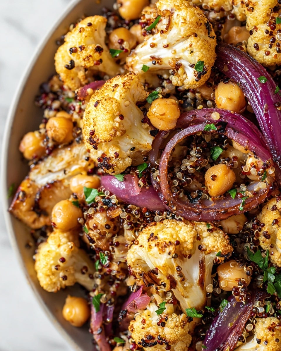 The dish shows a close-up of roasted cauliflower florets, golden brown with charred edges, mixed with round chickpeas that have a light tan color. Thin slices of soft, cooked red onions add a deep purple shade, and small quinoa grains sprinkled all over give a mix of black, white, and red specks. Tiny green herb pieces are scattered throughout, giving freshness to the texture. Everything sits together closely without a visible bowl or plate, set on a white marbled texture background. photo taken with an iphone --ar 4:5 --v 7