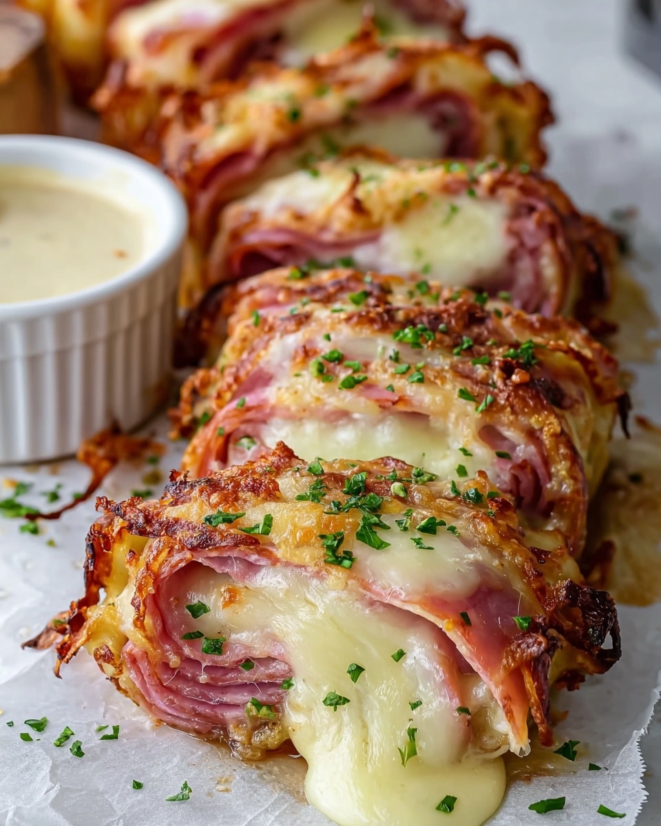 The image shows a stack of four crispy golden brown rolls on a wooden board, each filled with layers of pinkish cured meat and melted creamy white cheese oozing out from the sides; finely chopped green herbs are sprinkled on top and around the rolls, adding a fresh touch. In the background, there is a white bowl filled with a light orange dipping sauce, all set on a white marbled surface. photo taken with an iphone --ar 4:5 --v 7