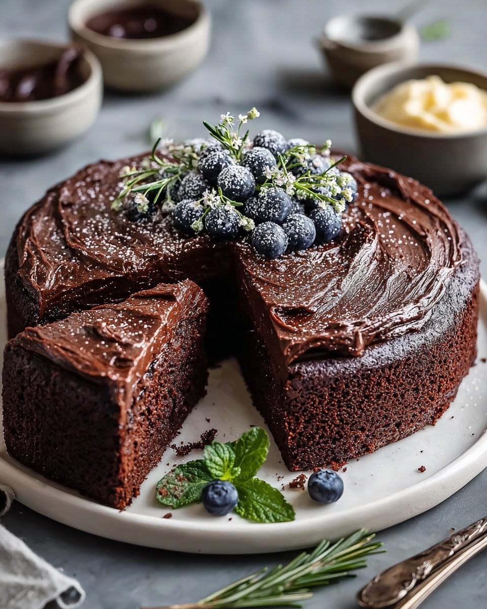 A single thick slice of chocolate cake with a dark, moist, and crumbly texture sits on a white plate. The top layer is covered with glossy, rich chocolate ganache that drips slightly on the sides, sprinkled with coarse white sea salt. On top of the ganache rests a small chunk of dark chocolate, with two more chocolate pieces placed next to the cake. The background shows a blurred white marbled surface, enhancing the cake's deep brown color and the glossy chocolate on top. photo taken with an iphone --ar 4:5 --v 7