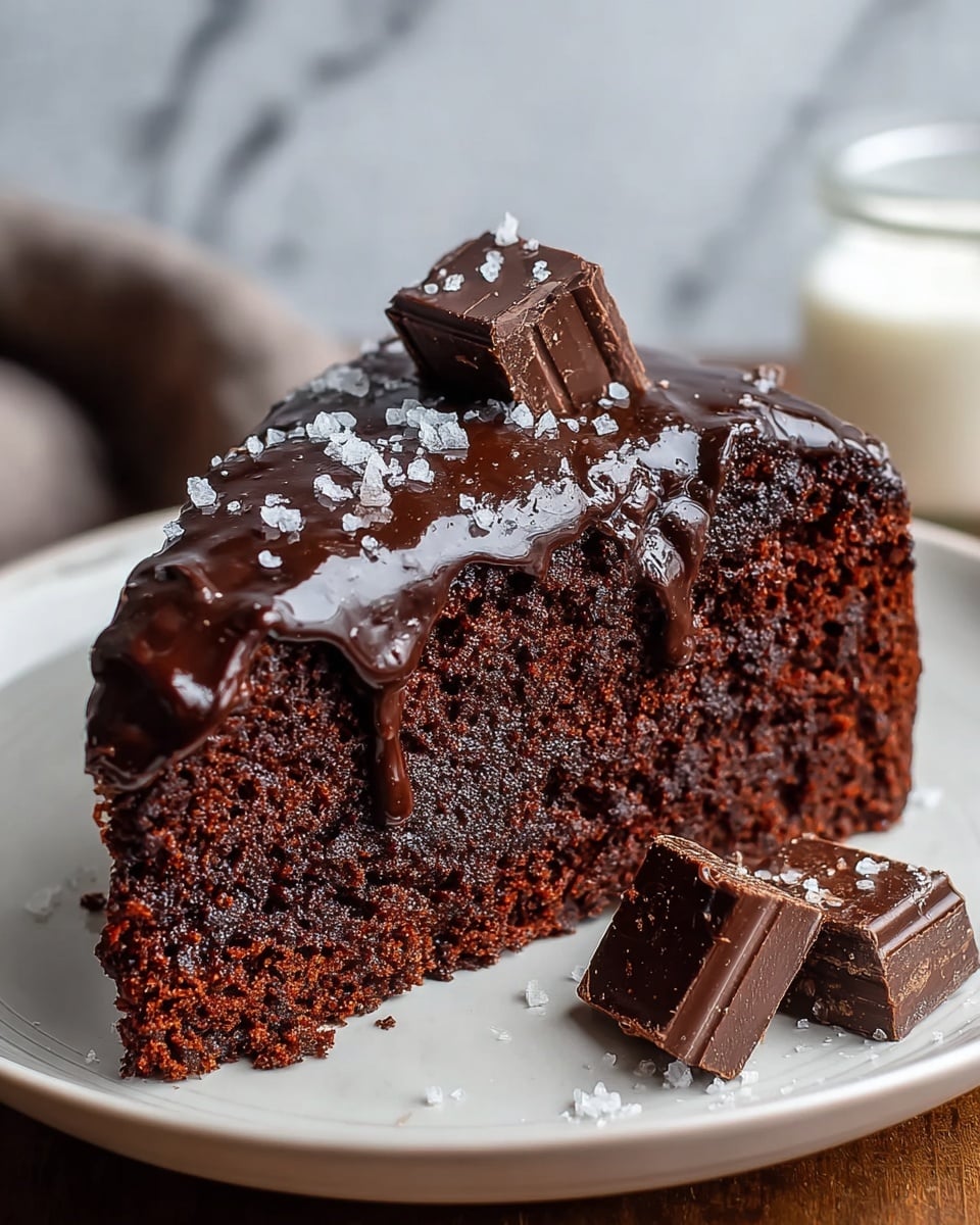 A dark chocolate cake with one slice cut out sits on a round white plate. The cake has one thick layer with a rich, smooth, glossy dark brown chocolate frosting spread evenly on top. The frosting is textured with swirling patterns and topped with a small cluster of blueberries dusted with powdered sugar, along with sprigs of fresh rosemary and small flowers. A few blueberries and a small mint leaf are placed in front of the cake on the plate. The background shows blurred bowls with dark chocolate and cream. The scene is set on a white marbled surface with a rustic silver fork and a rosemary sprig nearby. photo taken with an iphone --ar 4:5 --v 7
